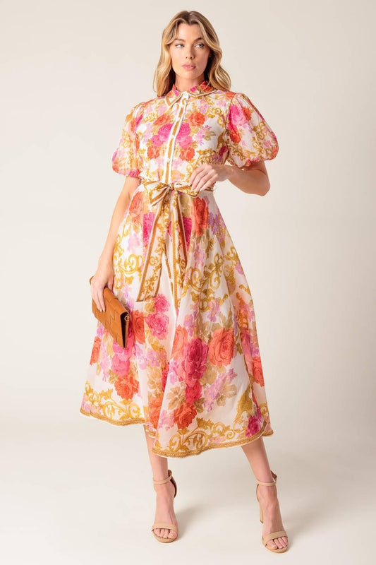 Garden Tapestry Ivory Floral Woven Midi Dress, view 1 — Soul Flow Apparel