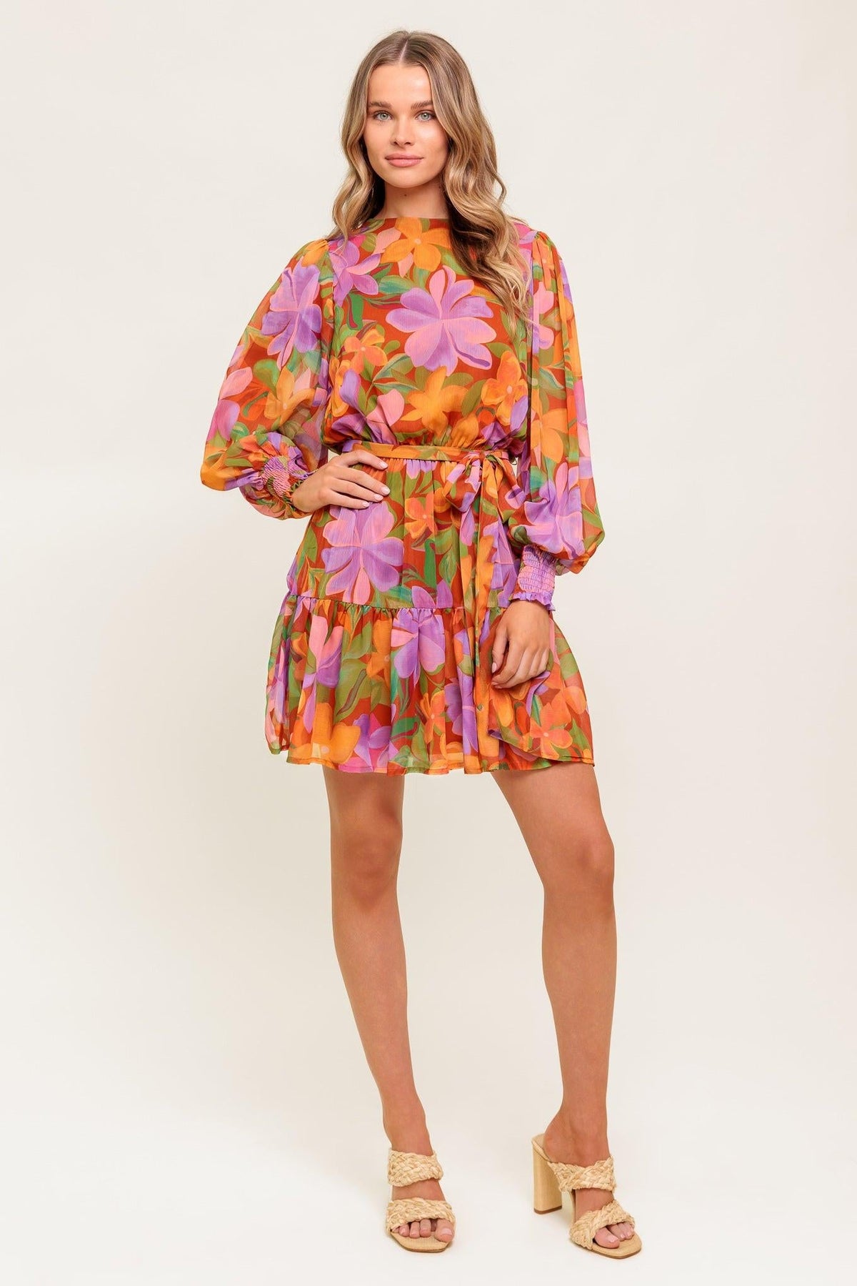 Muted Garden Woven Mini Dress in rust, view 1 — Soul Flow Apparel