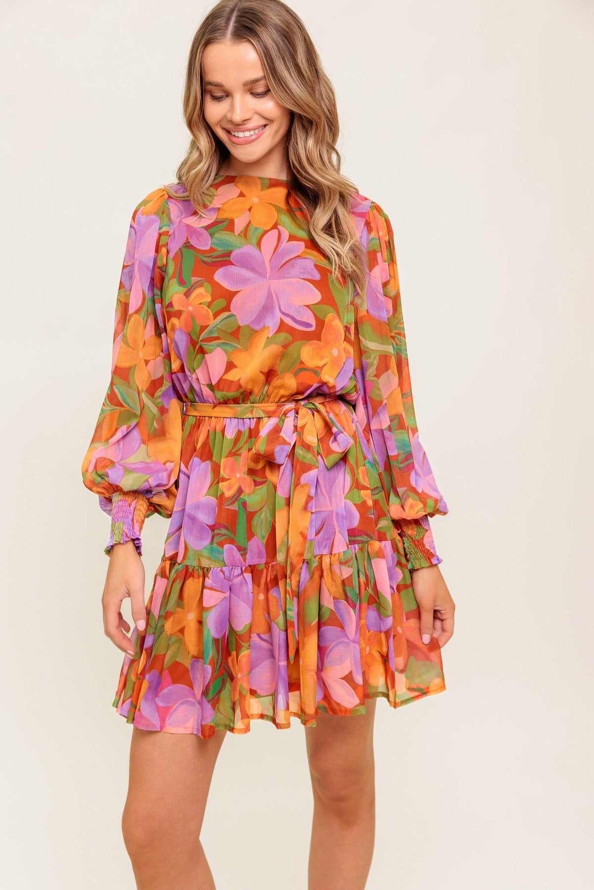Muted Garden Woven Mini Dress in rust, view 3 — Soul Flow Apparel