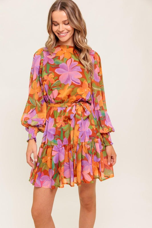 Muted Garden Woven Mini Dress in rust, view 3 — Soul Flow Apparel