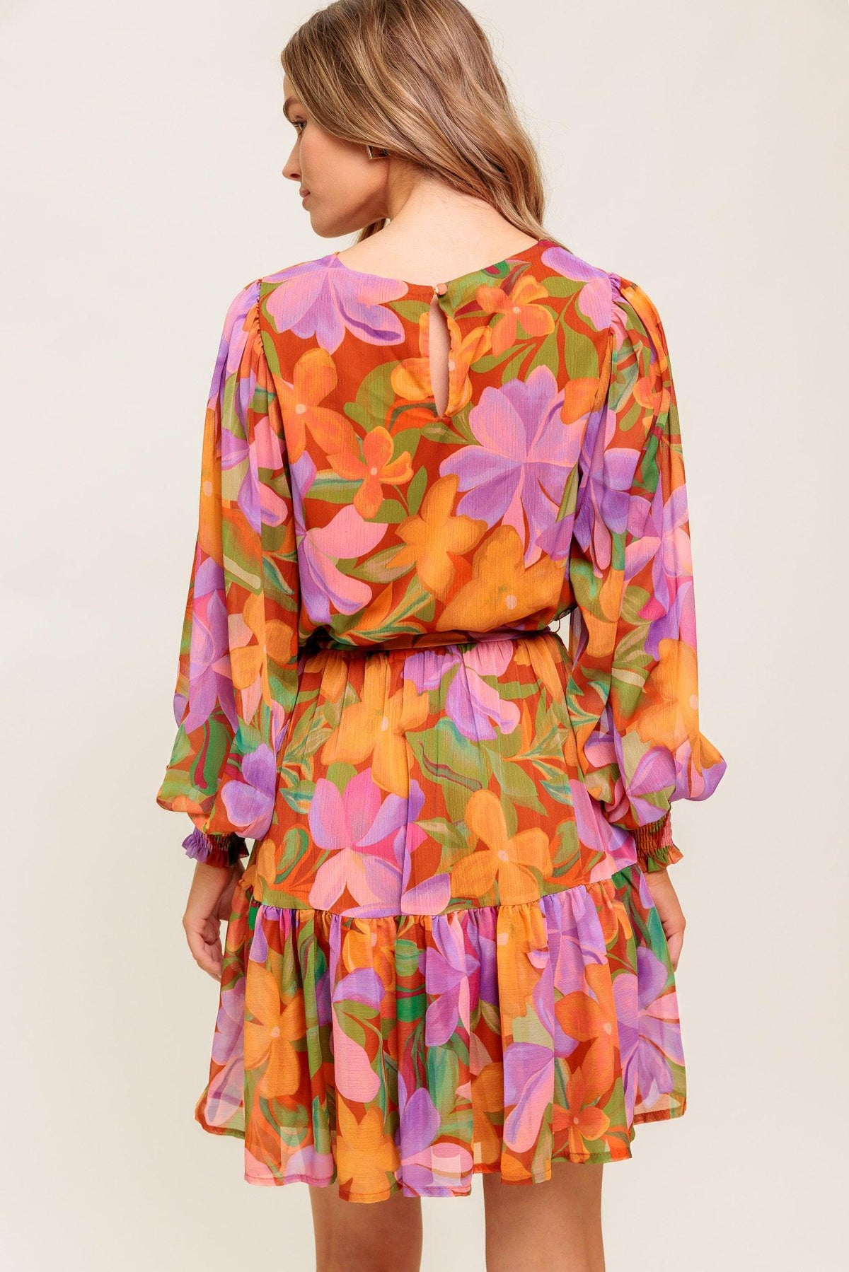 Muted Garden Woven Mini Dress in rust, view 6 — Soul Flow Apparel