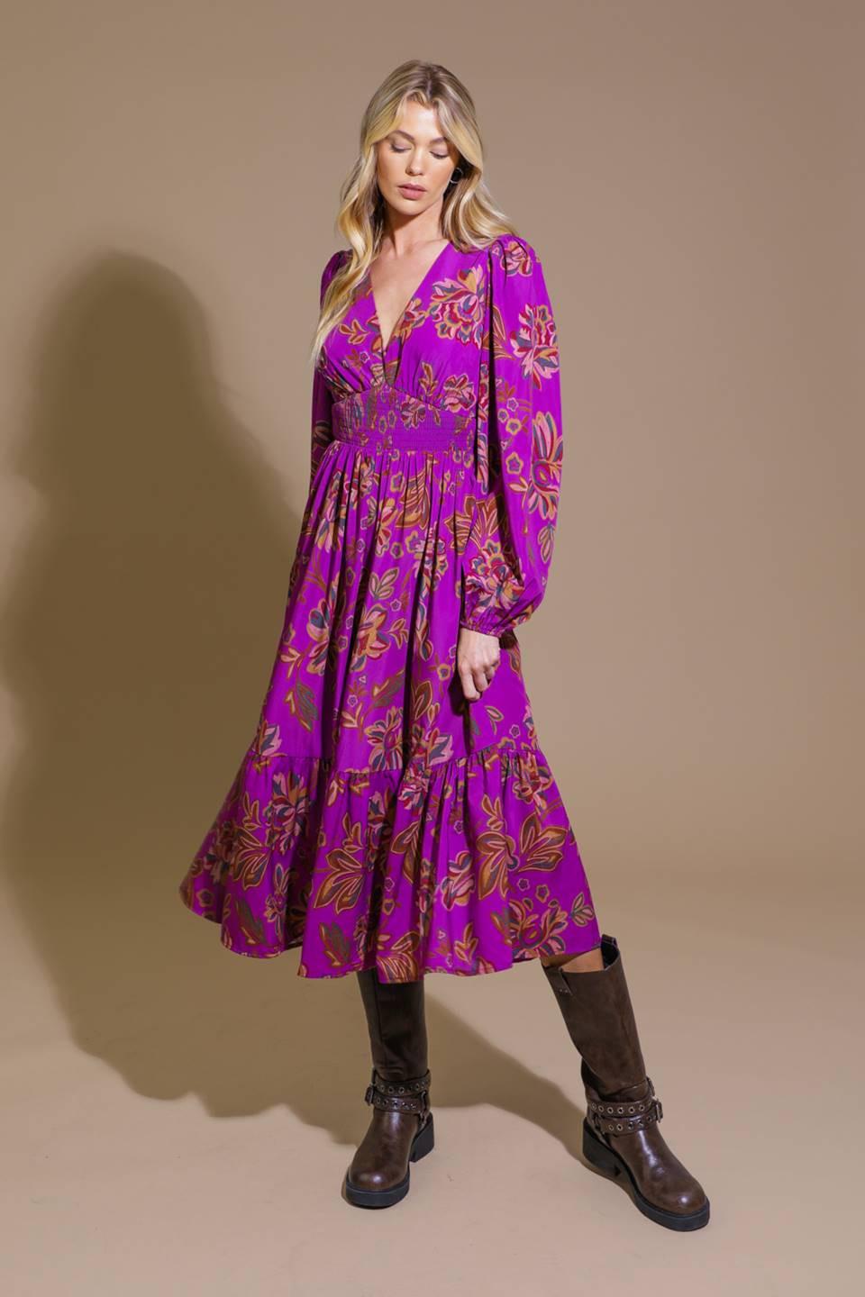 Elegantly Elevated Woven Midi Dress in lavender, view 1 — Soul Flow Apparel