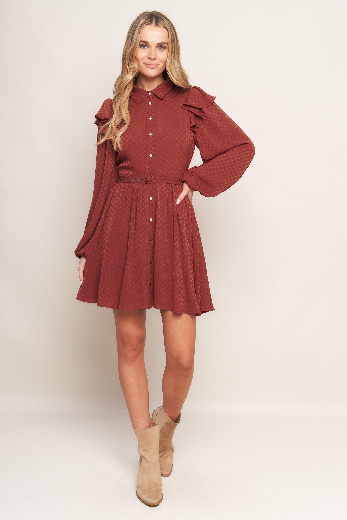 Call It Love Woven Mini Dress in brick, view 1 — Soul Flow Apparel