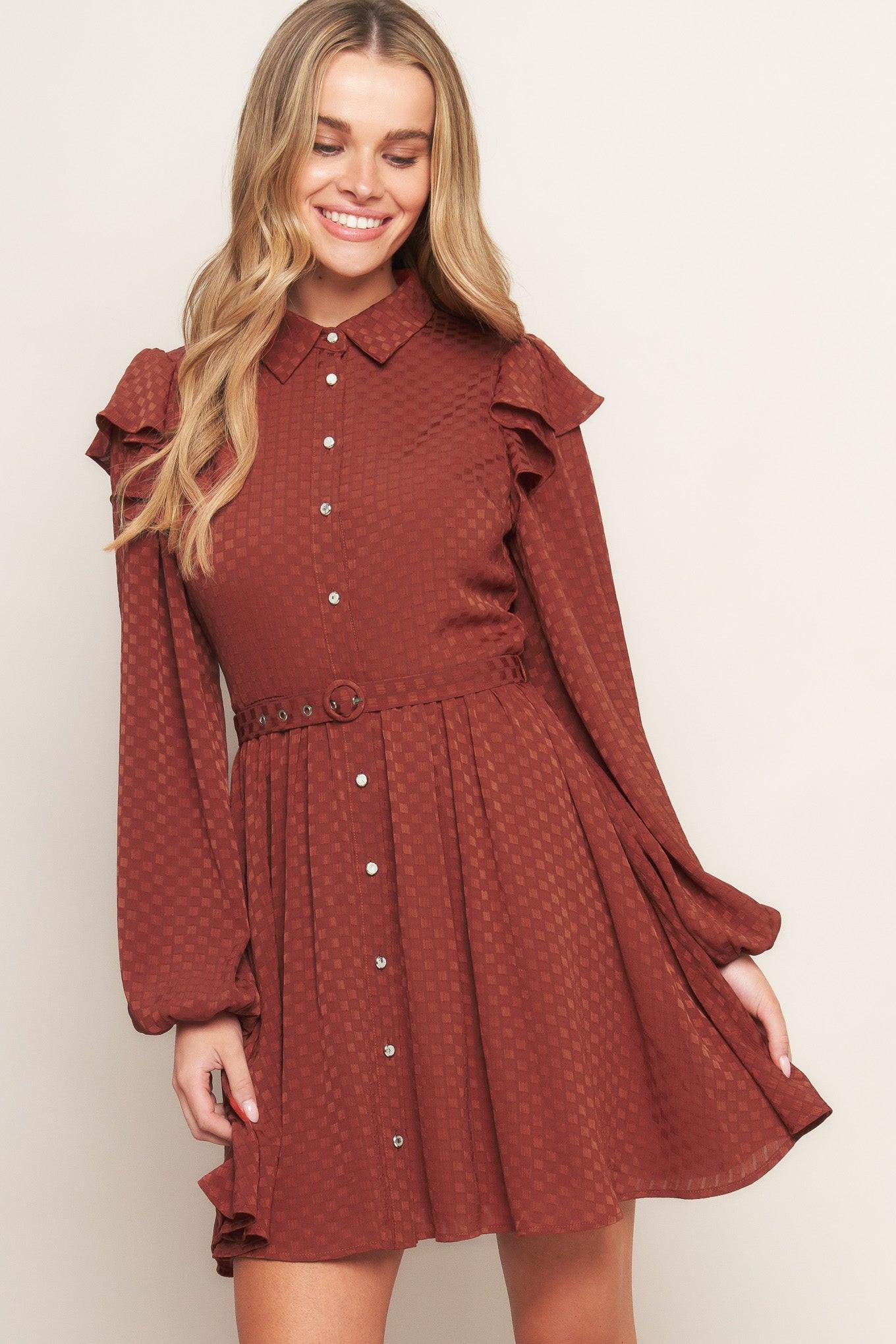 Call It Love Woven Mini Dress in brick, view 2 — Soul Flow Apparel