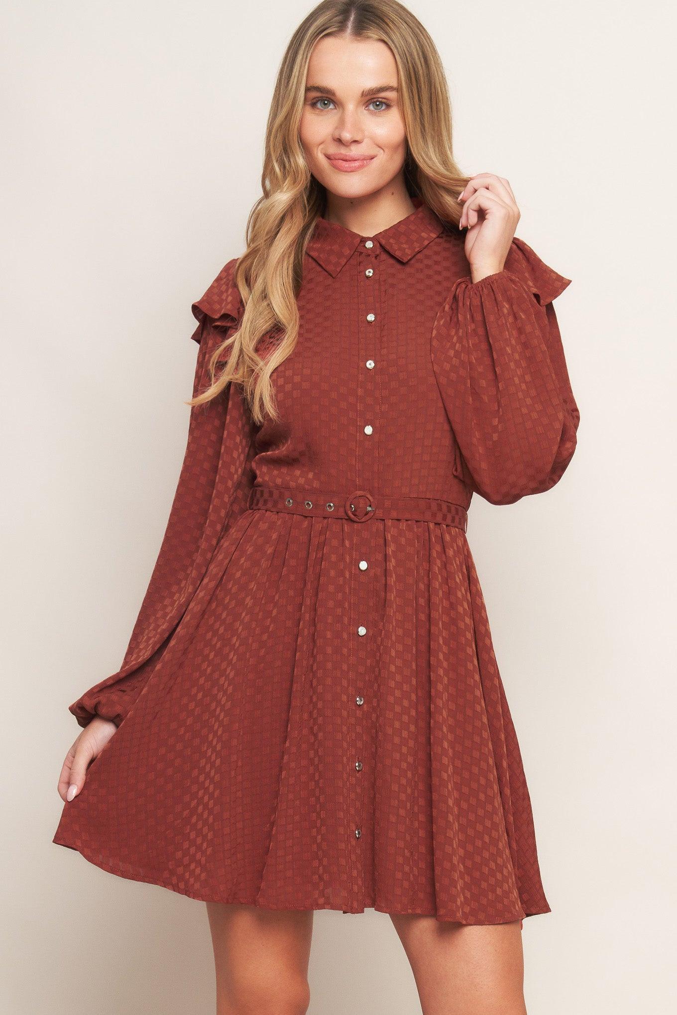 Call It Love Woven Mini Dress in brick, view 3 — Soul Flow Apparel