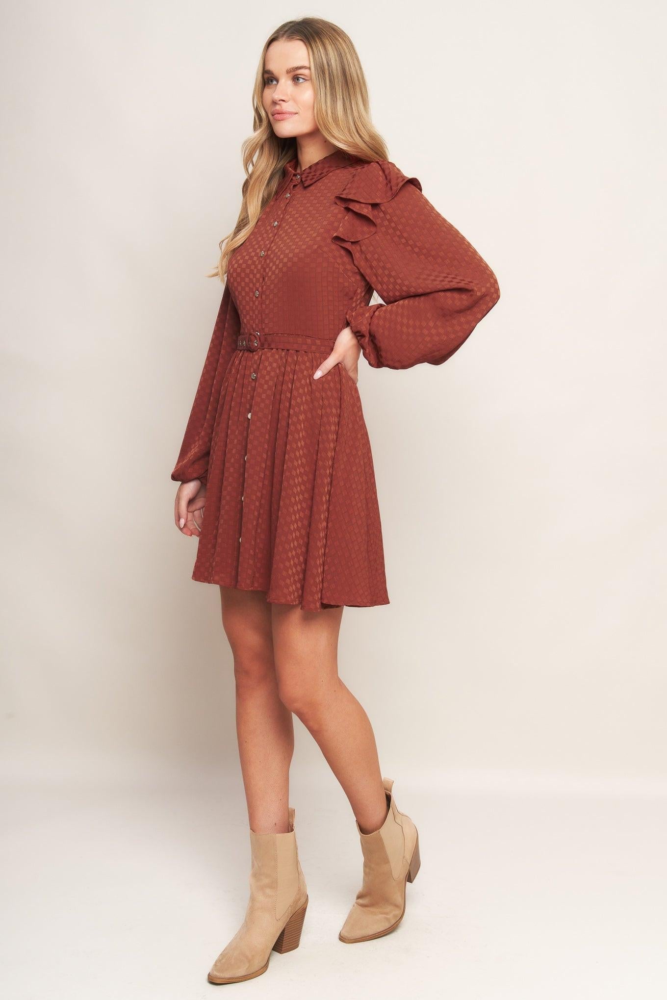 Call It Love Woven Mini Dress in brick, view 4 — Soul Flow Apparel