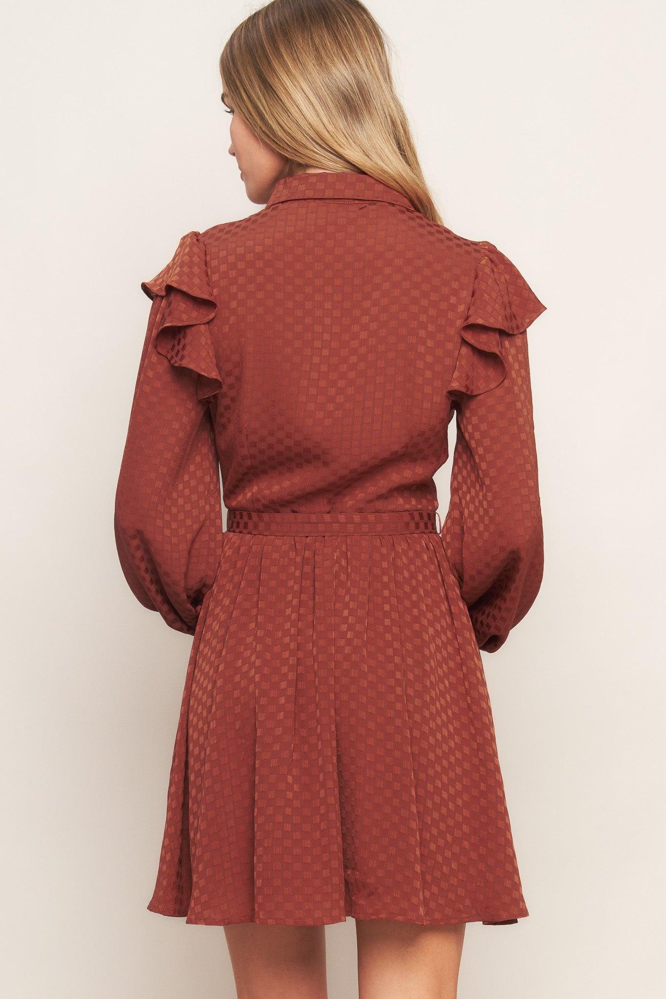 Call It Love Woven Mini Dress in brick, view 5 — Soul Flow Apparel