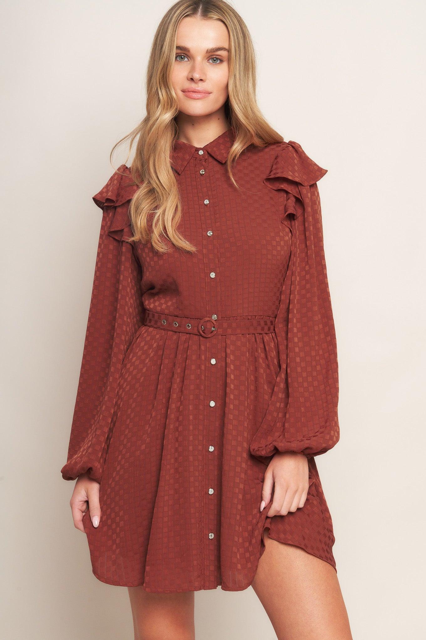 Call It Love Woven Mini Dress in brick, view 7 — Soul Flow Apparel