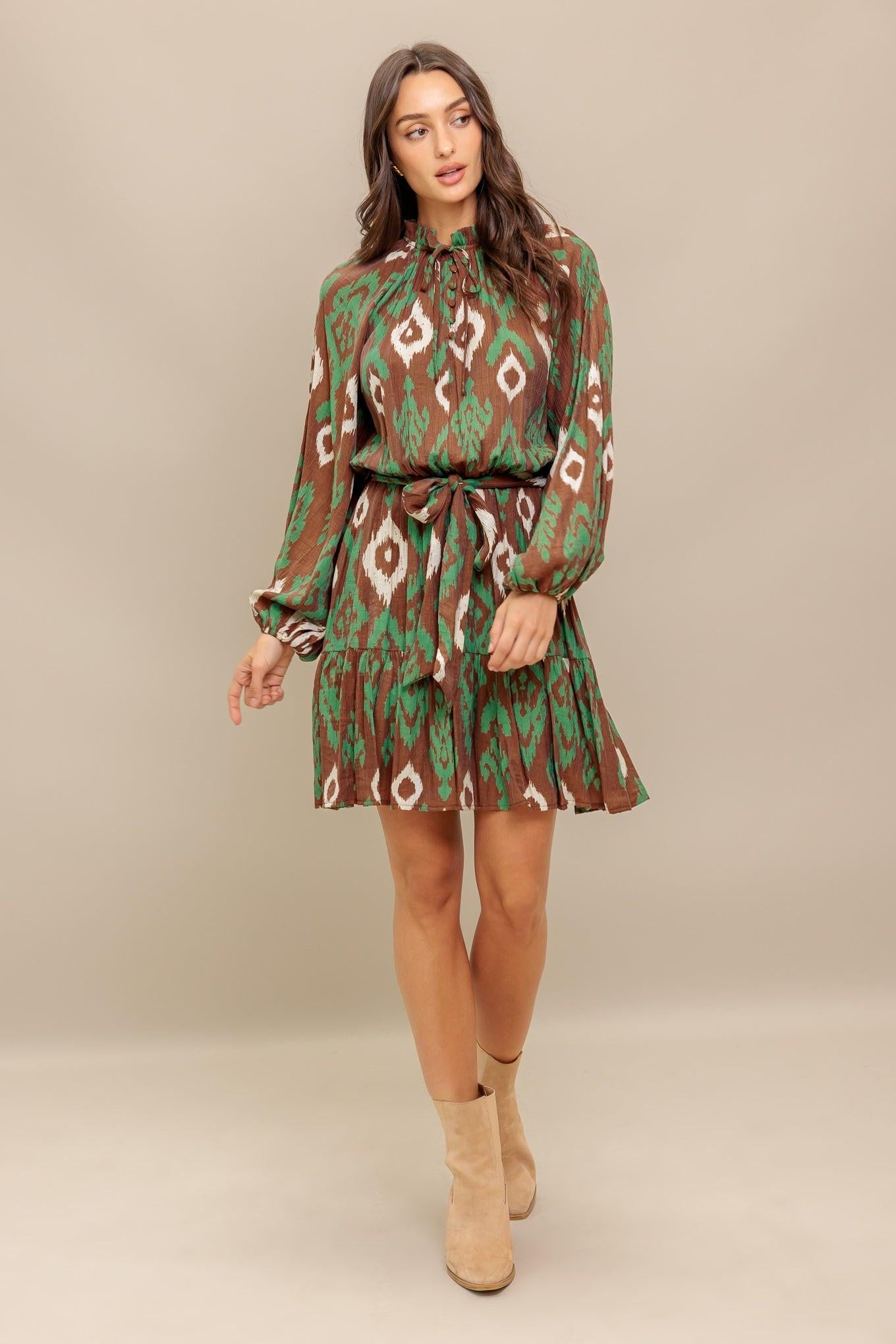 Wild Terracotta Woven Mini Dress in brown green, view 1 — Soul Flow Apparel