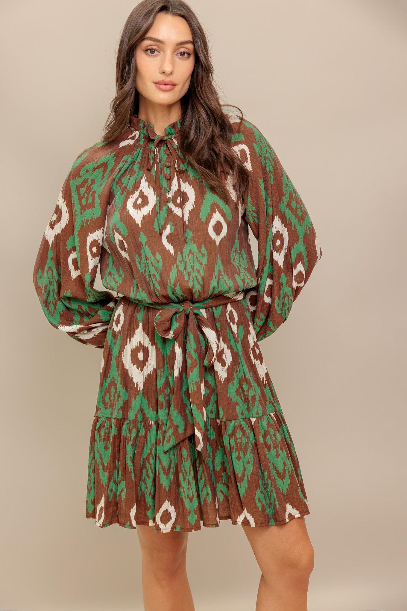 Wild Terracotta Woven Mini Dress in brown green, view 2 — Soul Flow Apparel