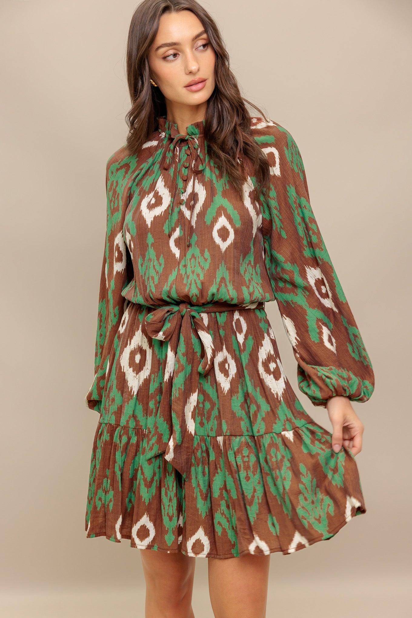 Wild Terracotta Woven Mini Dress in brown green, view 3 — Soul Flow Apparel