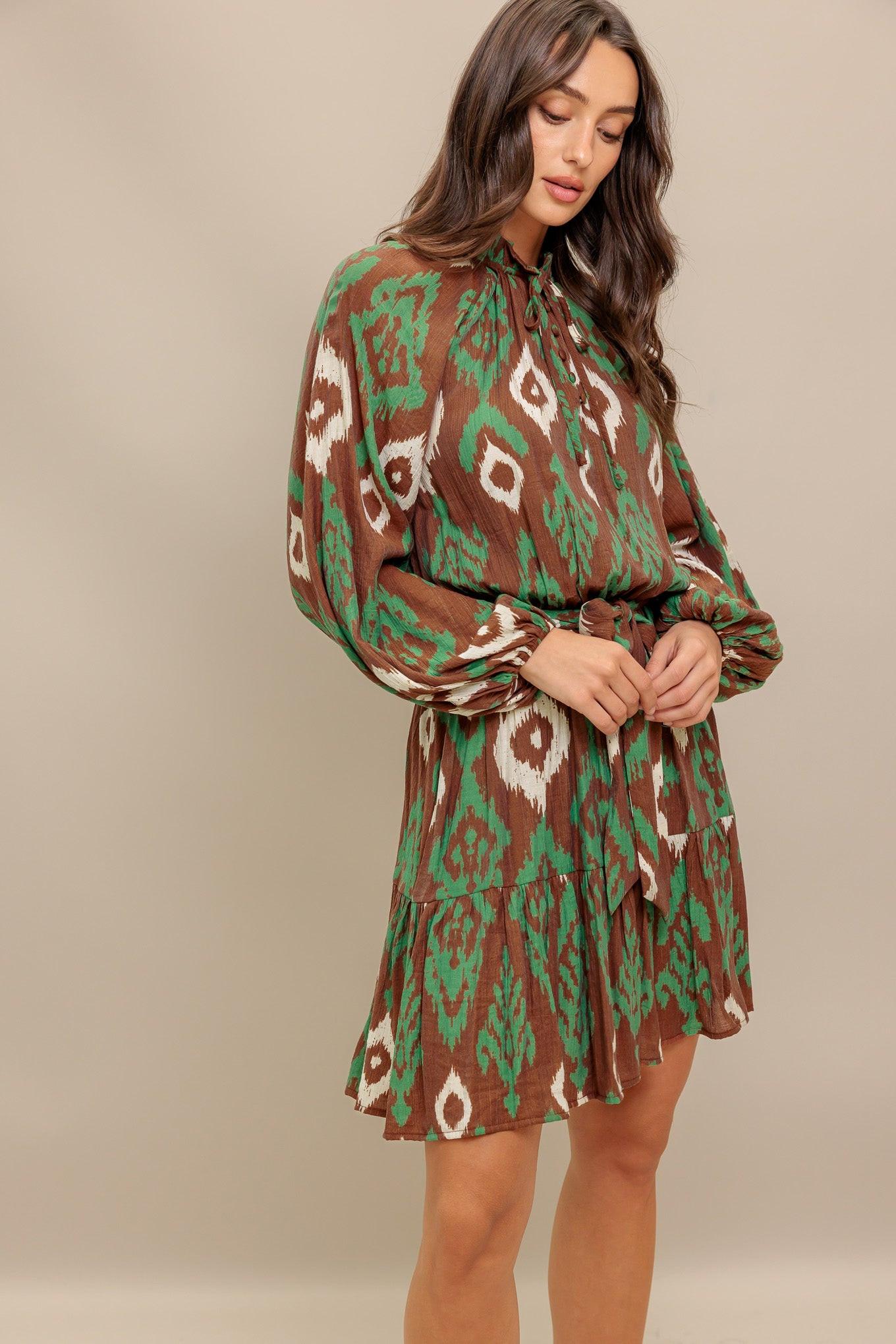 Wild Terracotta Woven Mini Dress in brown green, view 5 — Soul Flow Apparel