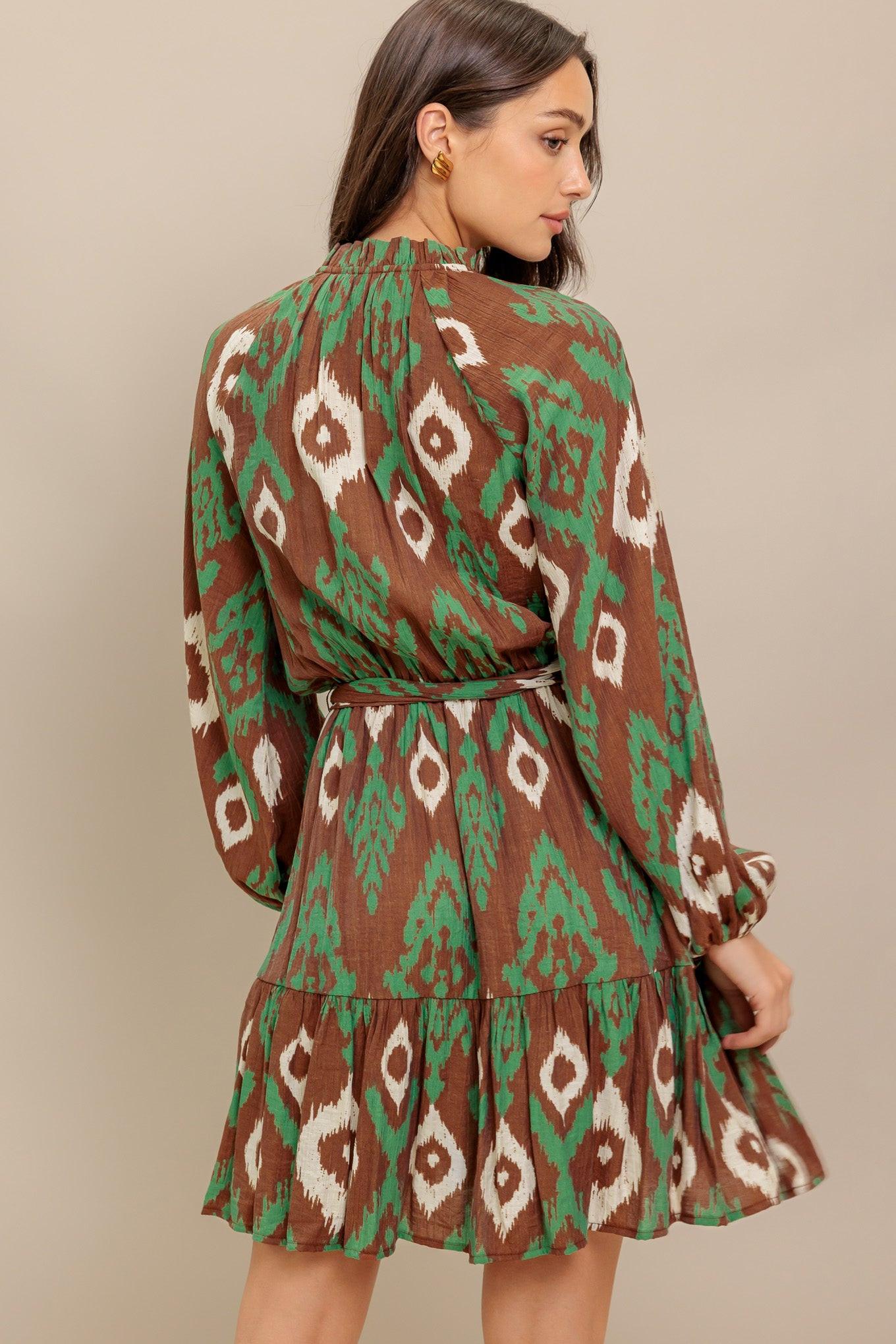 Wild Terracotta Woven Mini Dress in brown green, view 6 — Soul Flow Apparel