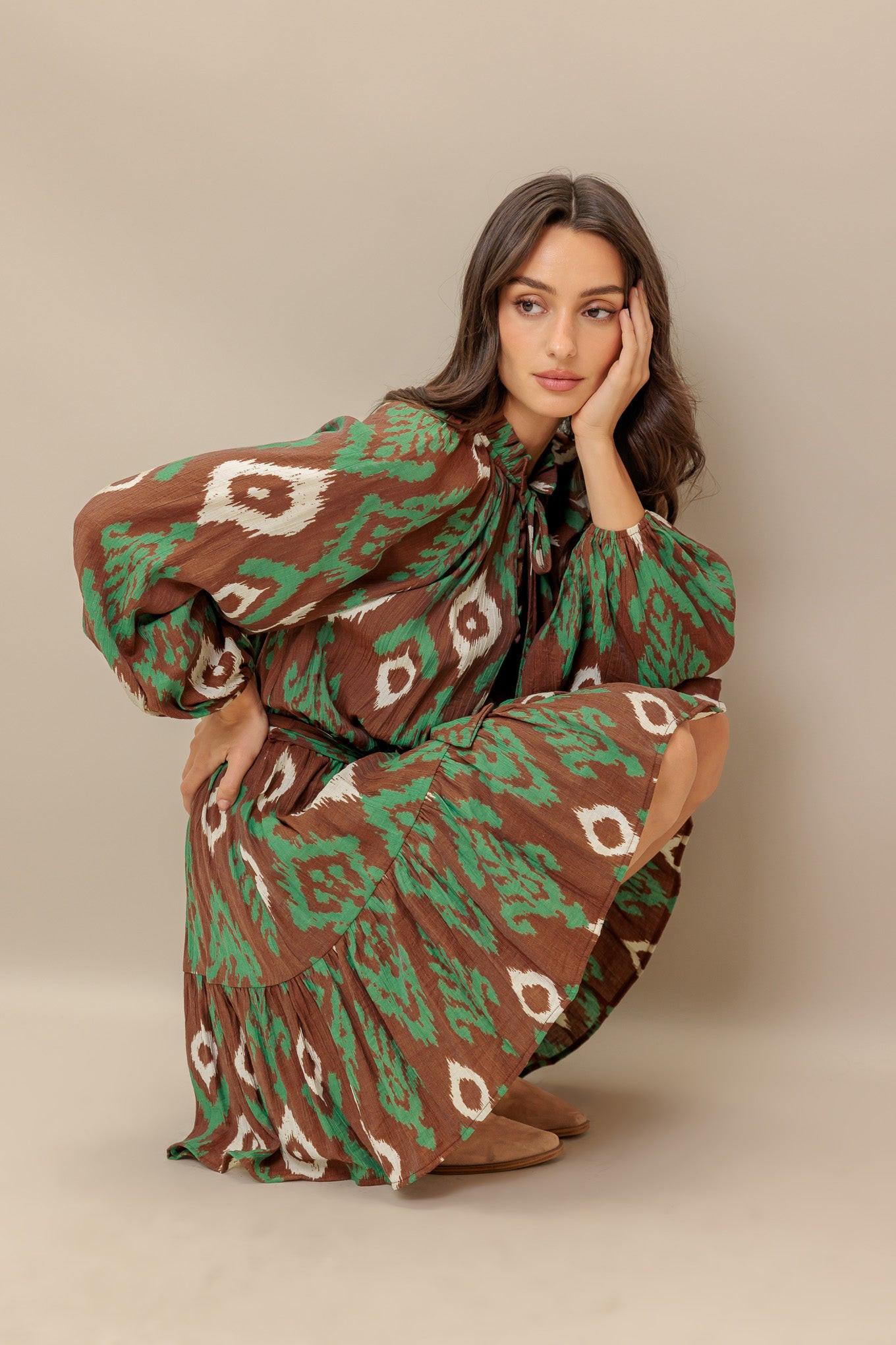 Wild Terracotta Woven Mini Dress in brown green, view 7 — Soul Flow Apparel
