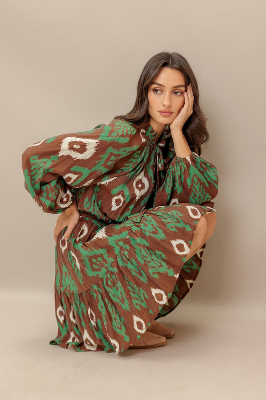 Wild Terracotta Woven Mini Dress in brown green, view 7 — Soul Flow Apparel