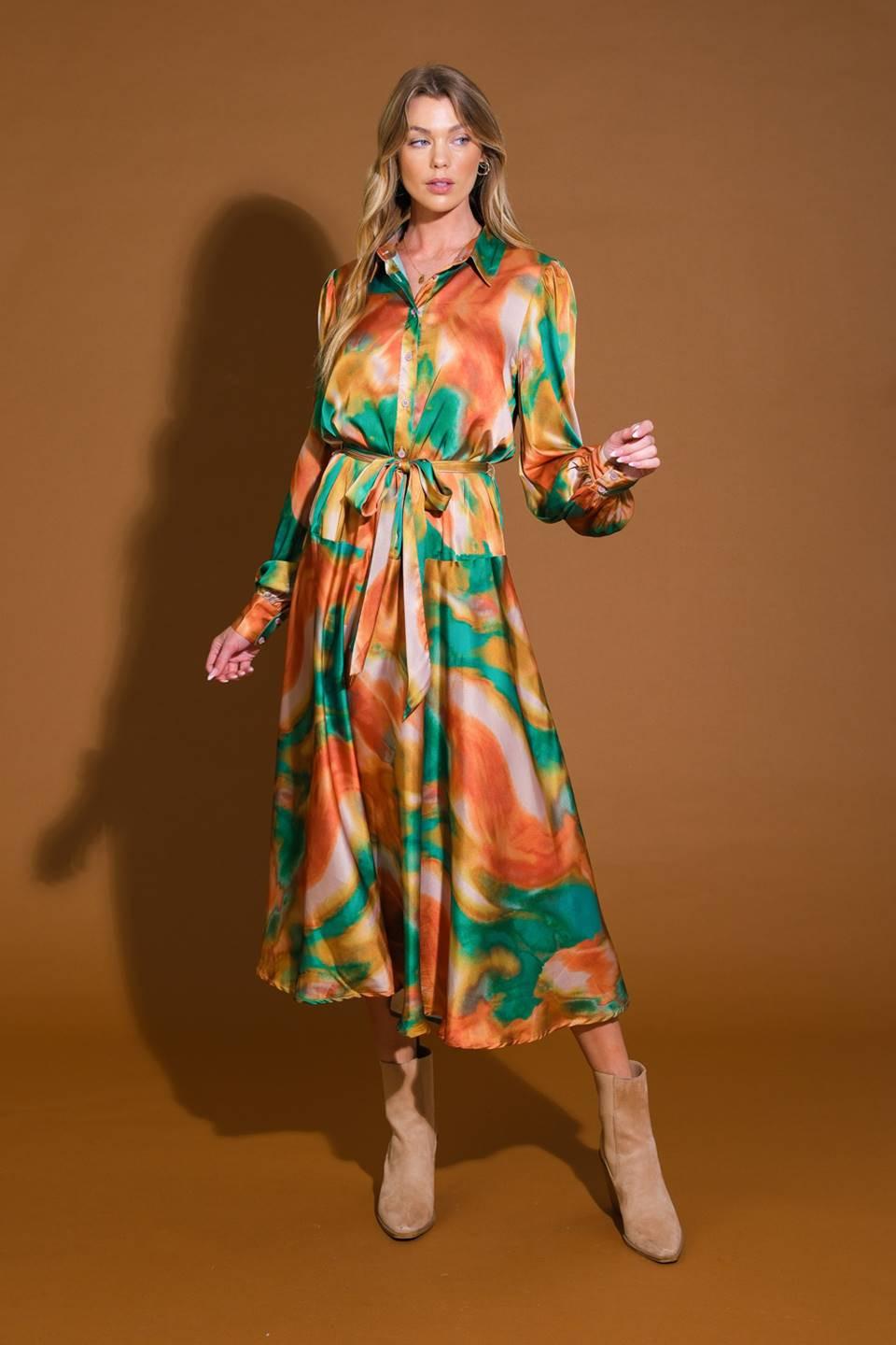 Wanna Be Loved Woven Midi Dress in green brown, view 1 — Soul Flow Apparel