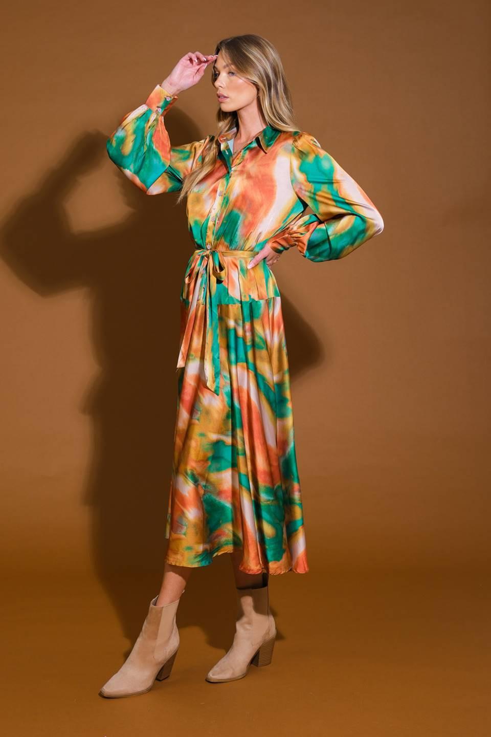Wanna Be Loved Woven Midi Dress in green brown, view 3 — Soul Flow Apparel