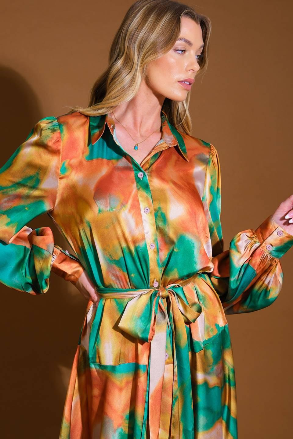 Wanna Be Loved Woven Midi Dress in green brown, view 4 — Soul Flow Apparel