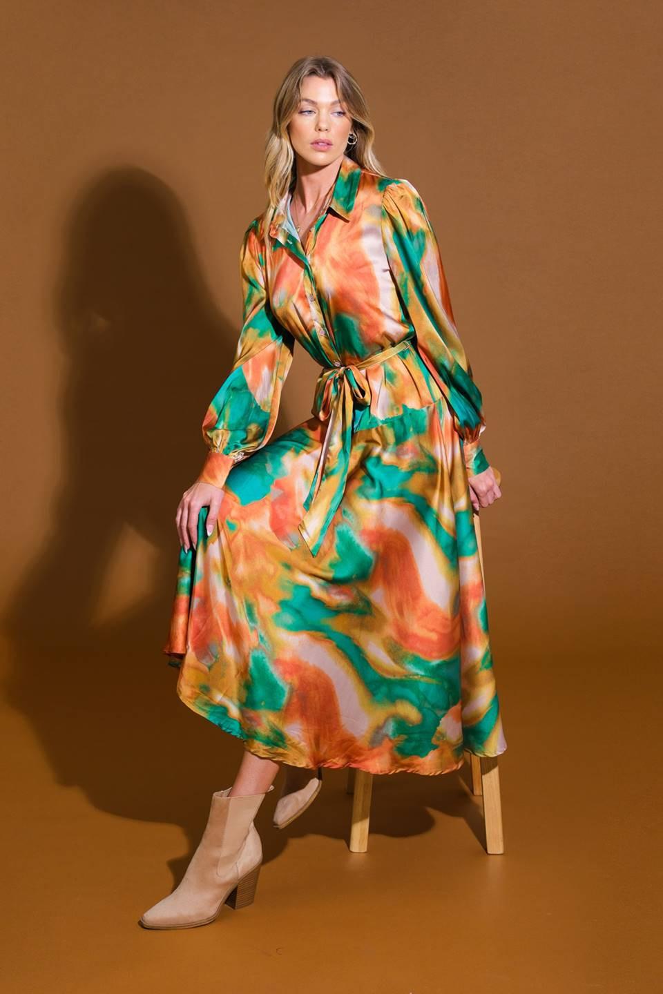 Wanna Be Loved Woven Midi Dress in green brown, view 5 — Soul Flow Apparel