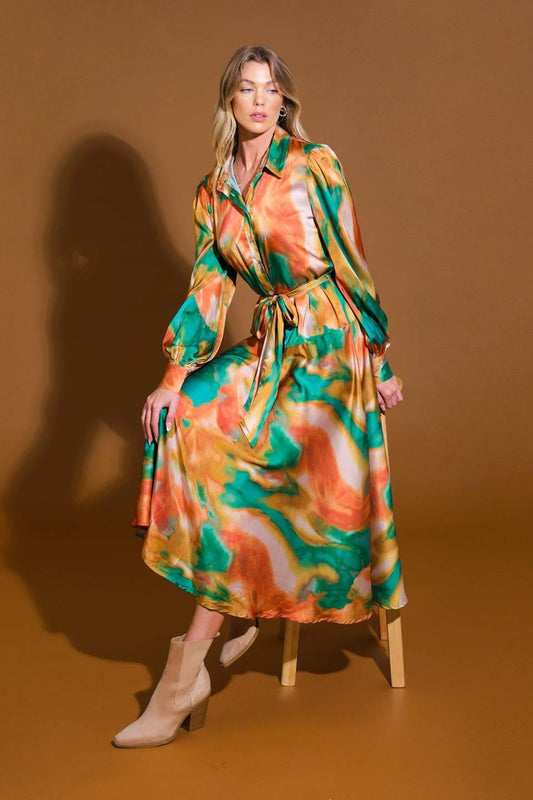Wanna Be Loved Woven Midi Dress in green brown, view 5 — Soul Flow Apparel