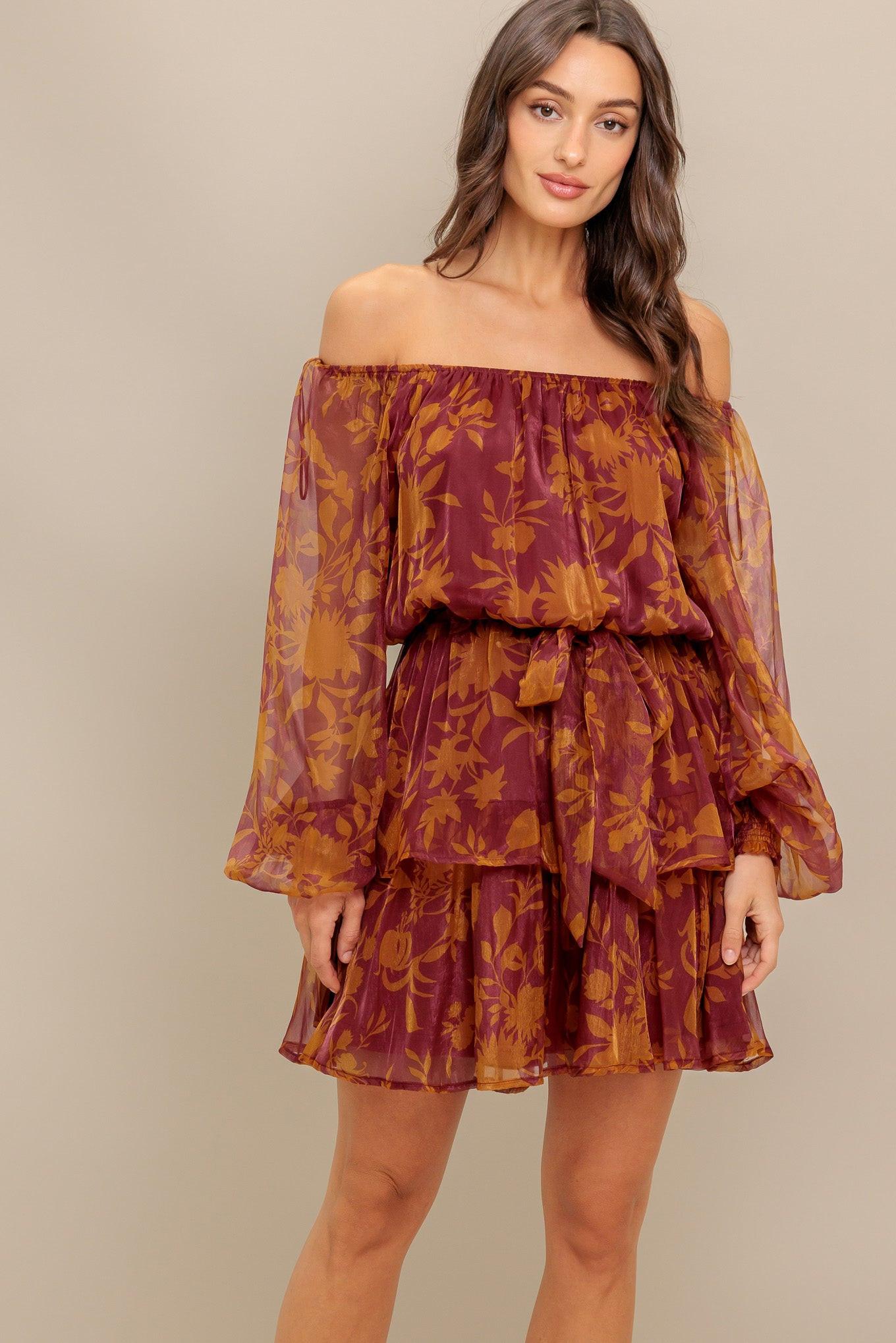 Petal Mist Woven Mini Dress in maroon, view 1 — Soul Flow Apparel