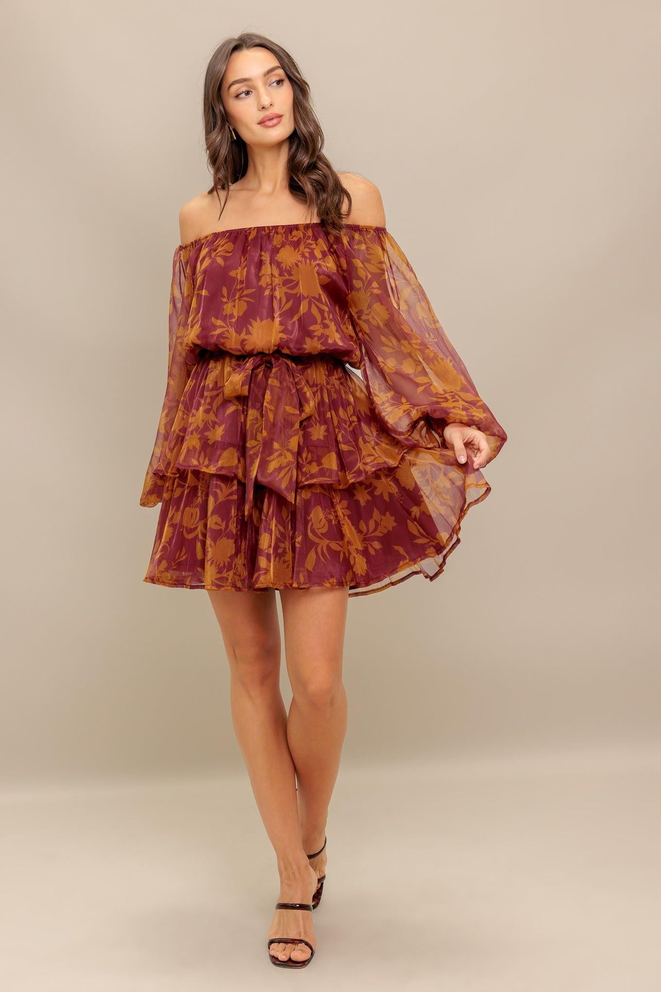 Petal Mist Woven Mini Dress in maroon, view 3 — Soul Flow Apparel