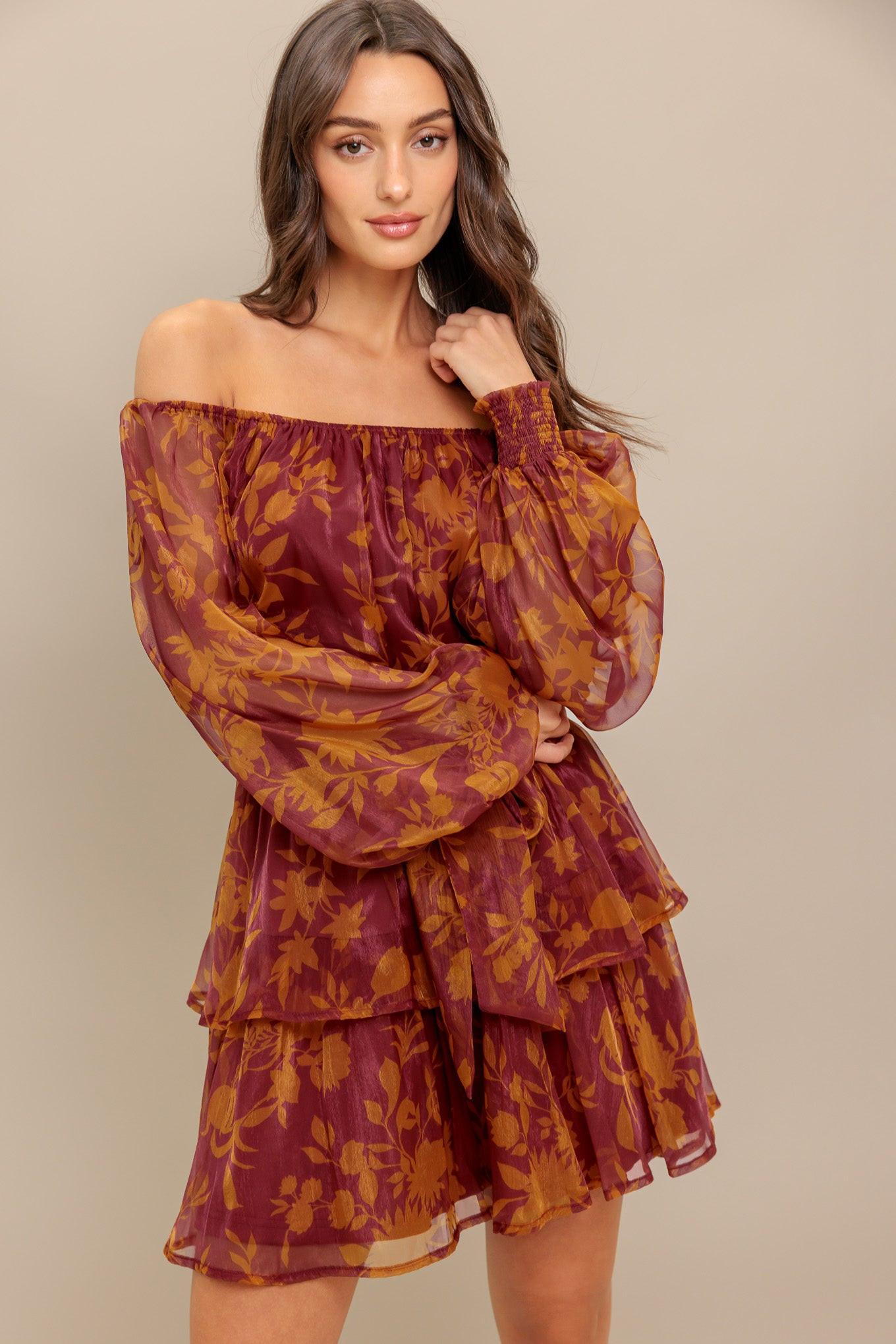 Petal Mist Woven Mini Dress in maroon, view 4 — Soul Flow Apparel