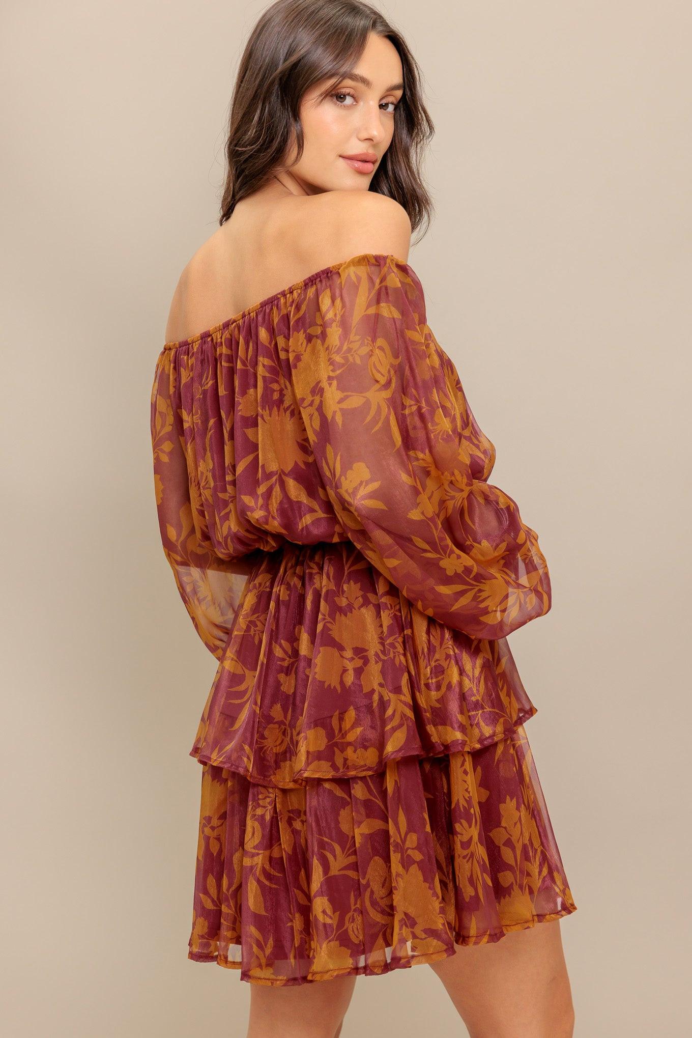 Petal Mist Woven Mini Dress in maroon, view 6 — Soul Flow Apparel