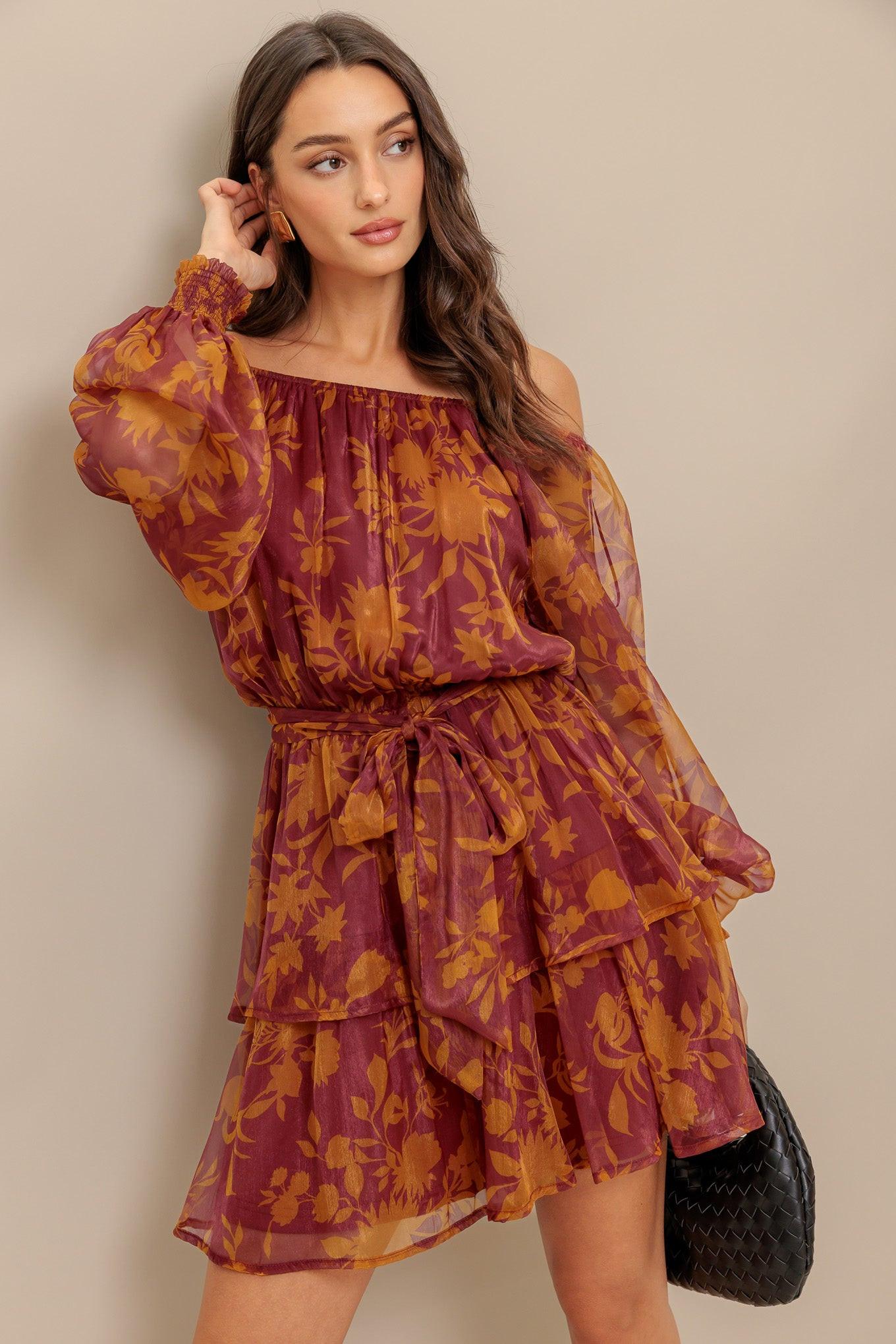 Petal Mist Woven Mini Dress in maroon, view 8 — Soul Flow Apparel