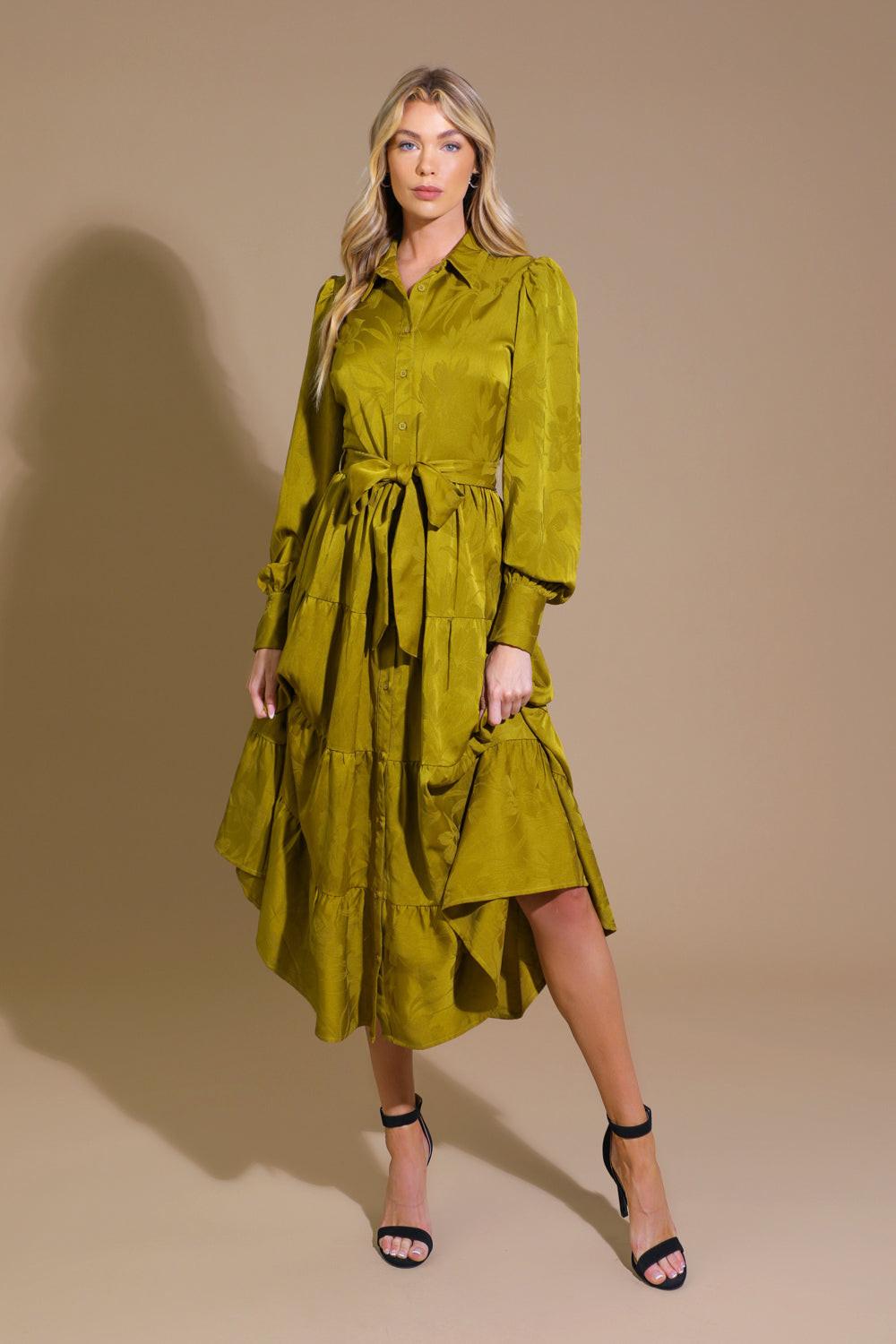 Total Appeal Woven Jacquard Midi Dress in avocado, view 1 — Soul Flow Apparel