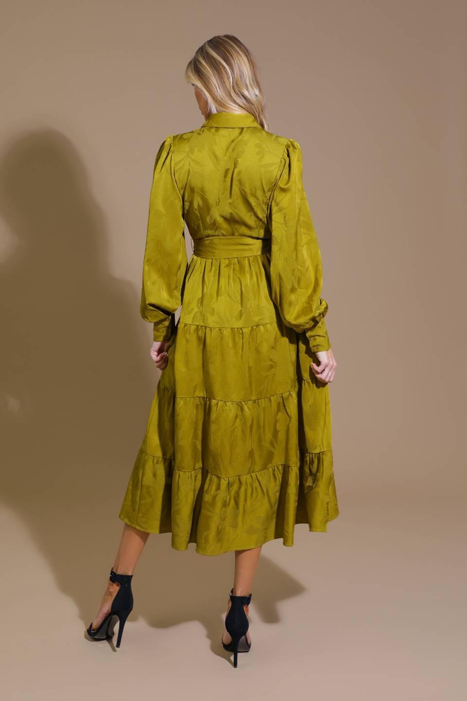 Total Appeal Woven Jacquard Midi Dress in avocado, view 2 — Soul Flow Apparel