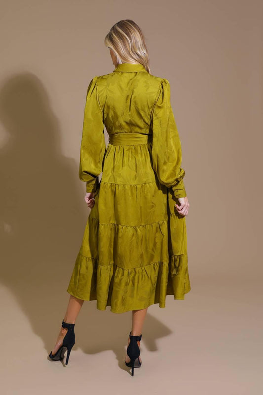Total Appeal Woven Jacquard Midi Dress in avocado, view 2 — Soul Flow Apparel