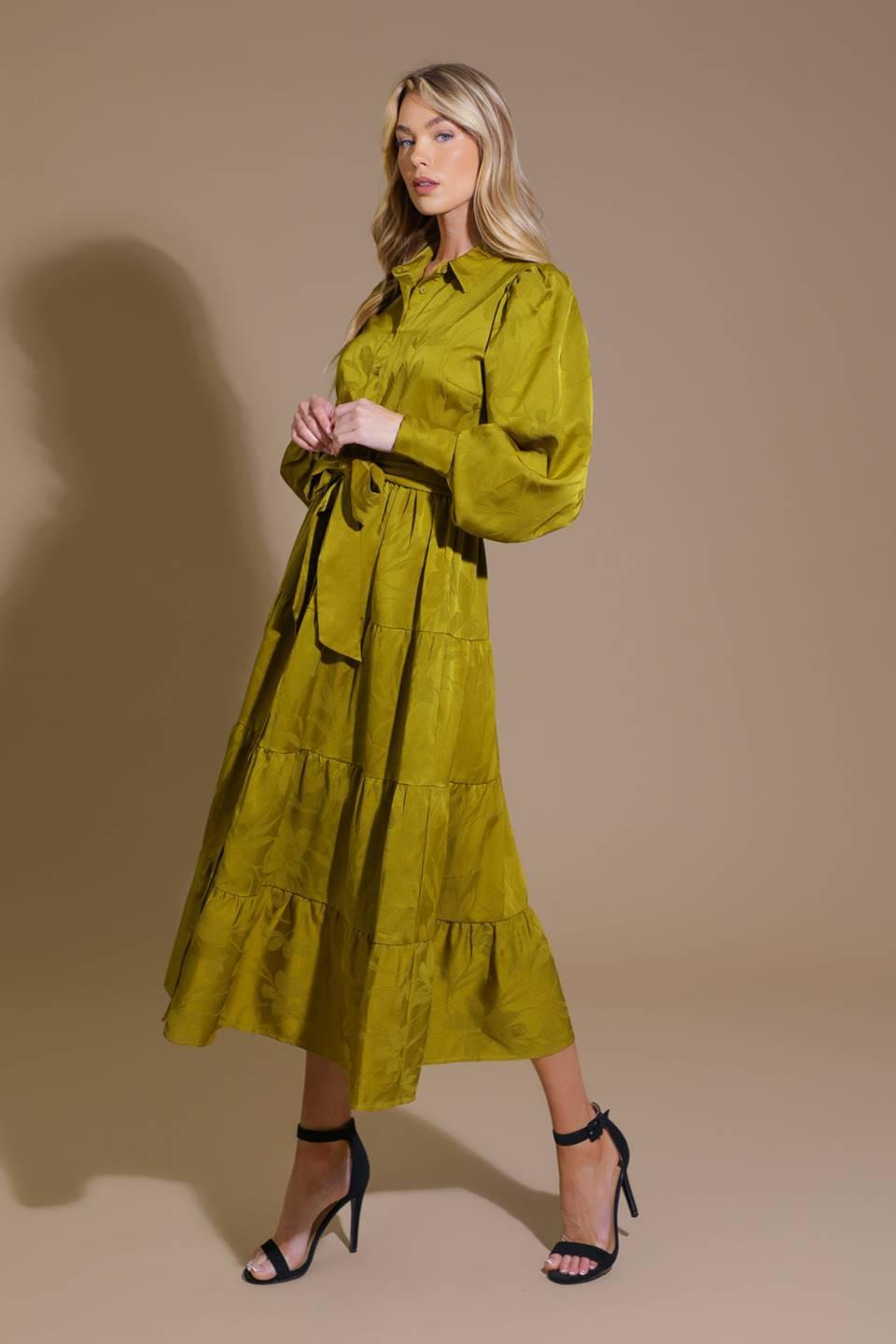 Total Appeal Woven Jacquard Midi Dress in avocado, view 3 — Soul Flow Apparel