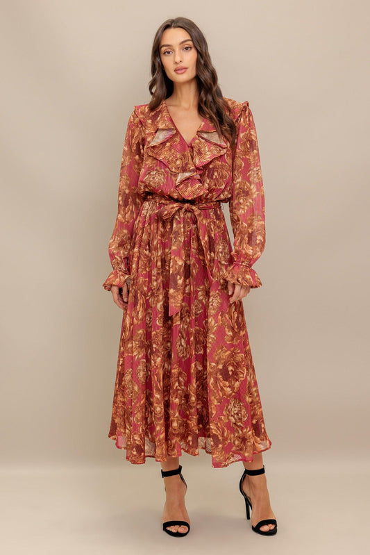 Autumn Sonata Woven Midi Dress in terra cotta, view 1 — Soul Flow Apparel
