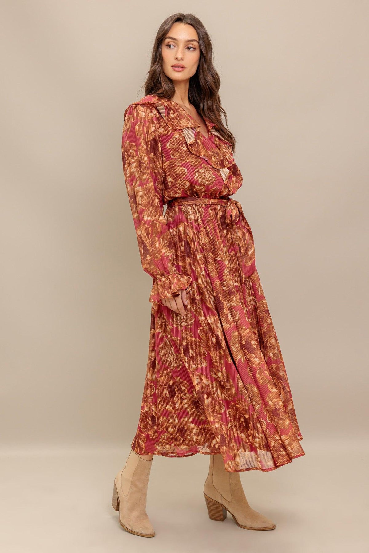Autumn Sonata Woven Midi Dress in terra cotta, view 2 — Soul Flow Apparel