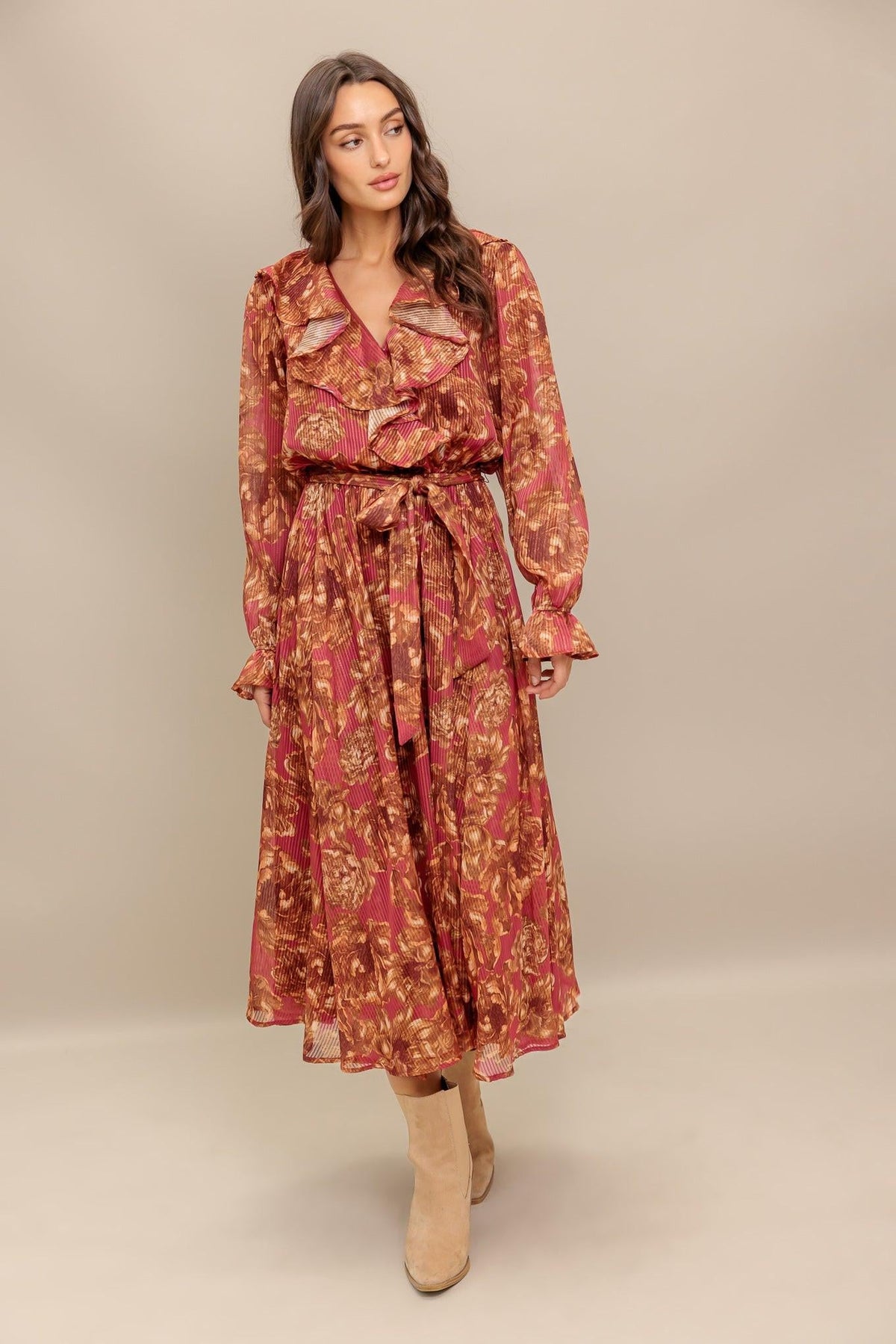 Autumn Sonata Woven Midi Dress in terra cotta, view 3 — Soul Flow Apparel