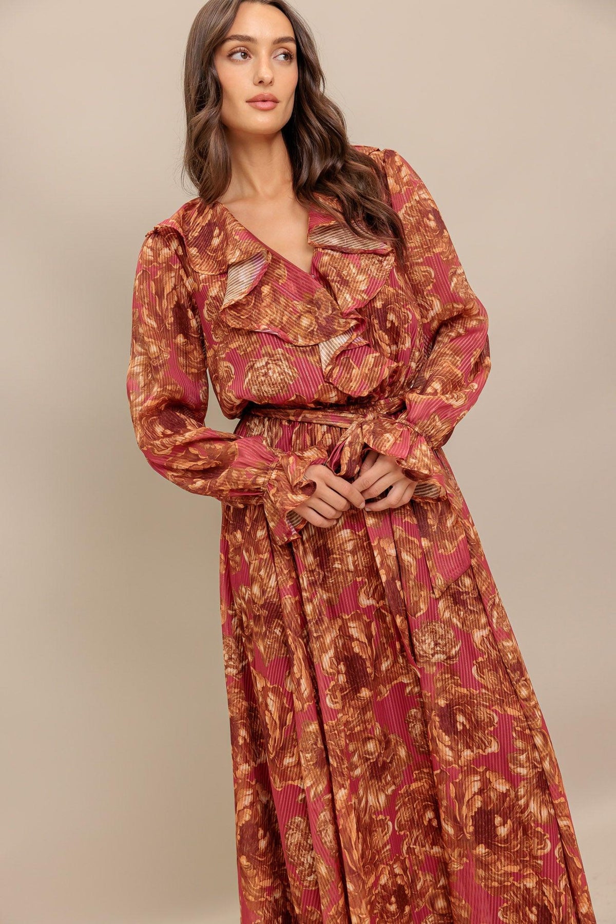 Autumn Sonata Woven Midi Dress in terra cotta, view 4 — Soul Flow Apparel
