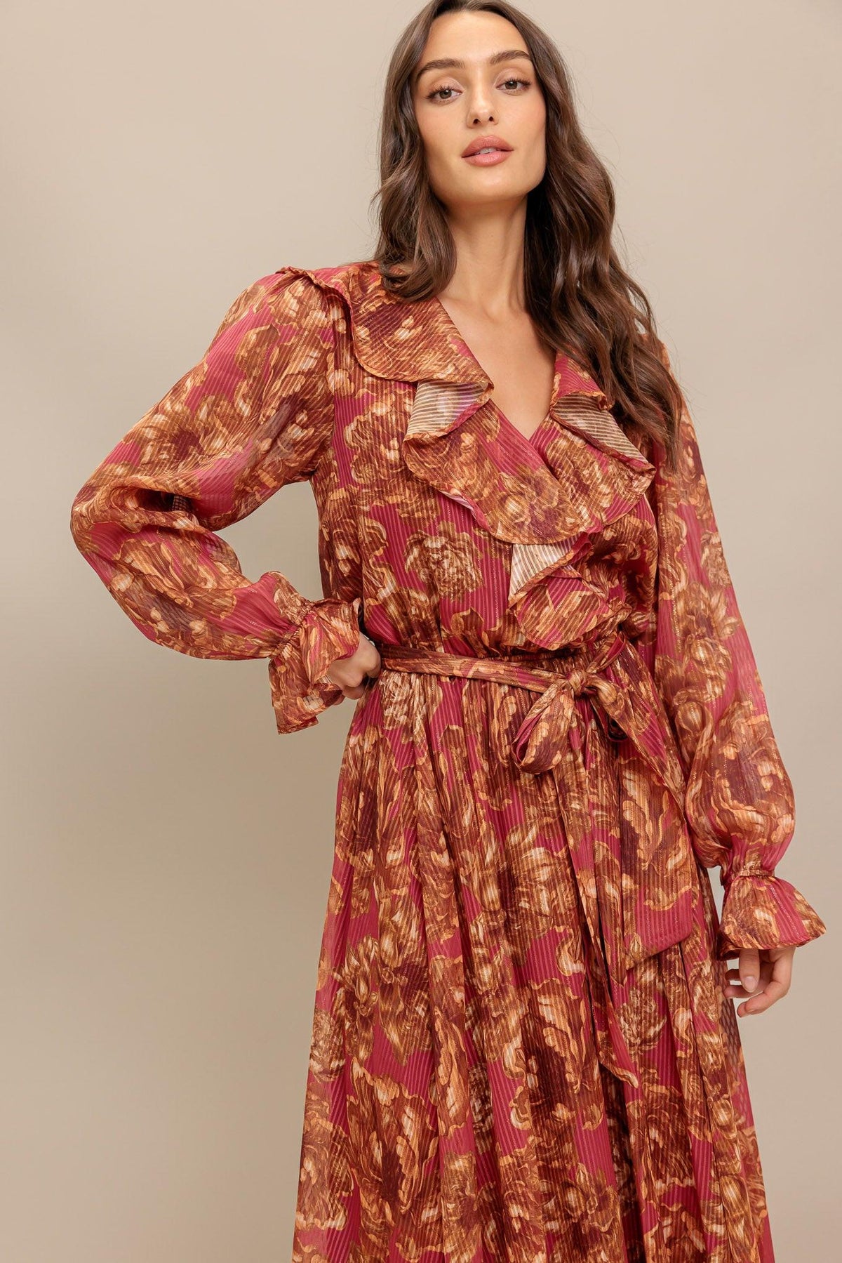 Autumn Sonata Woven Midi Dress in terra cotta, view 5 — Soul Flow Apparel