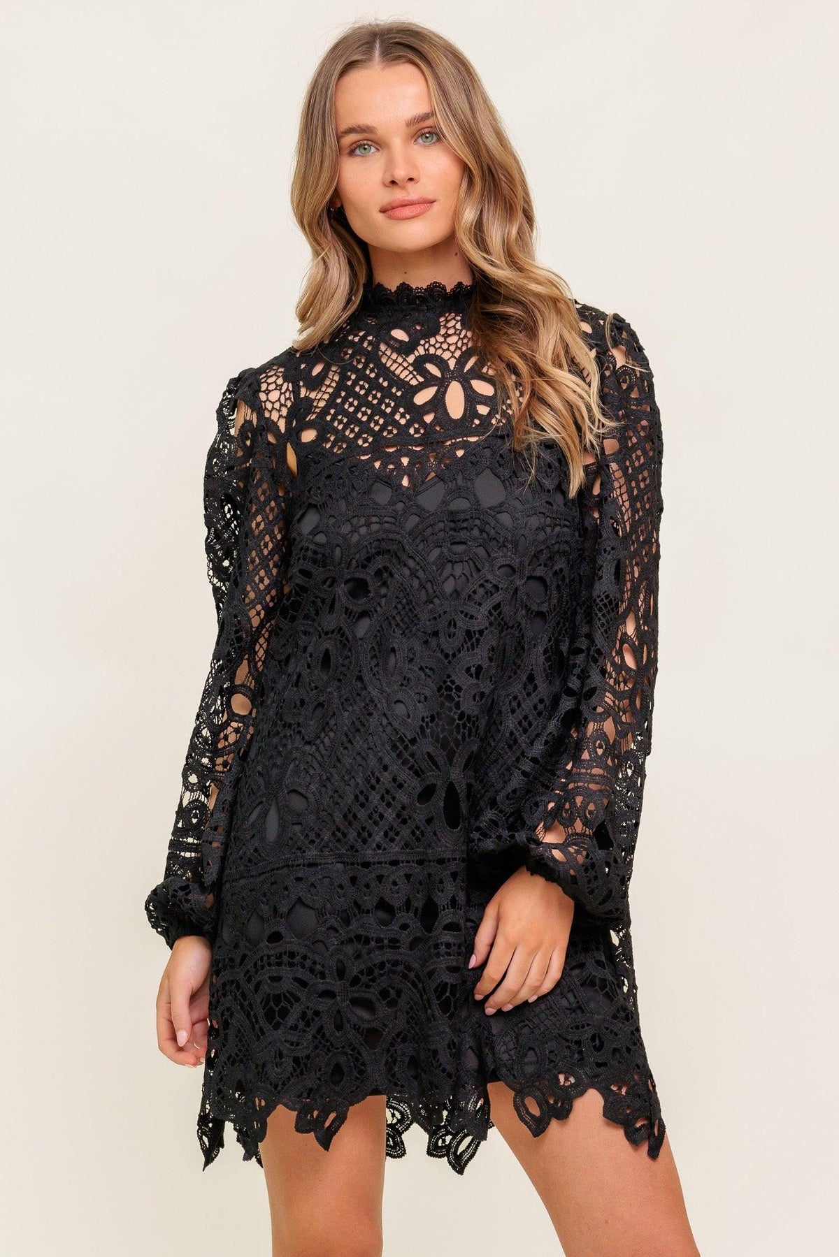 Getting Started Woven Lace Mini Dress in black, view 1 — Soul Flow Apparel