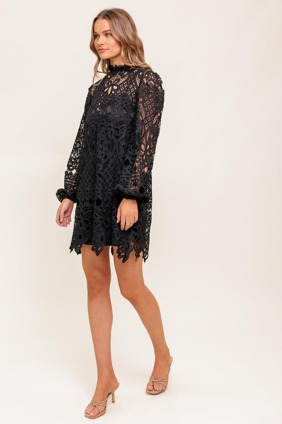 Getting Started Woven Lace Mini Dress in black, view 5 — Soul Flow Apparel