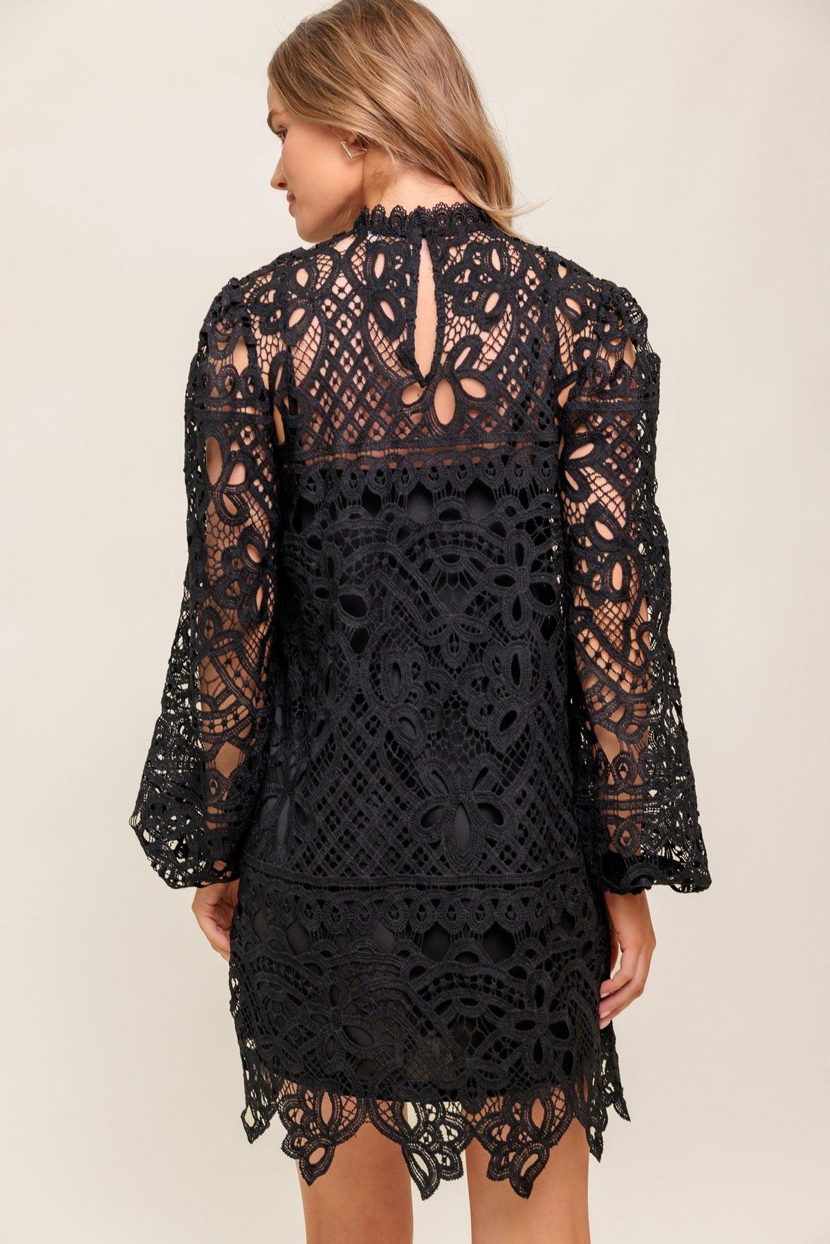 Getting Started Woven Lace Mini Dress in black, view 6 — Soul Flow Apparel