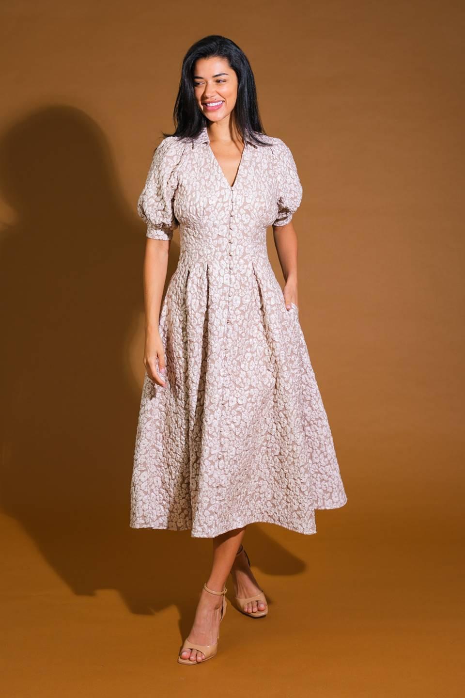Perfect Vision Woven Midi Dress in taupe, view 1 — Soul Flow Apparel