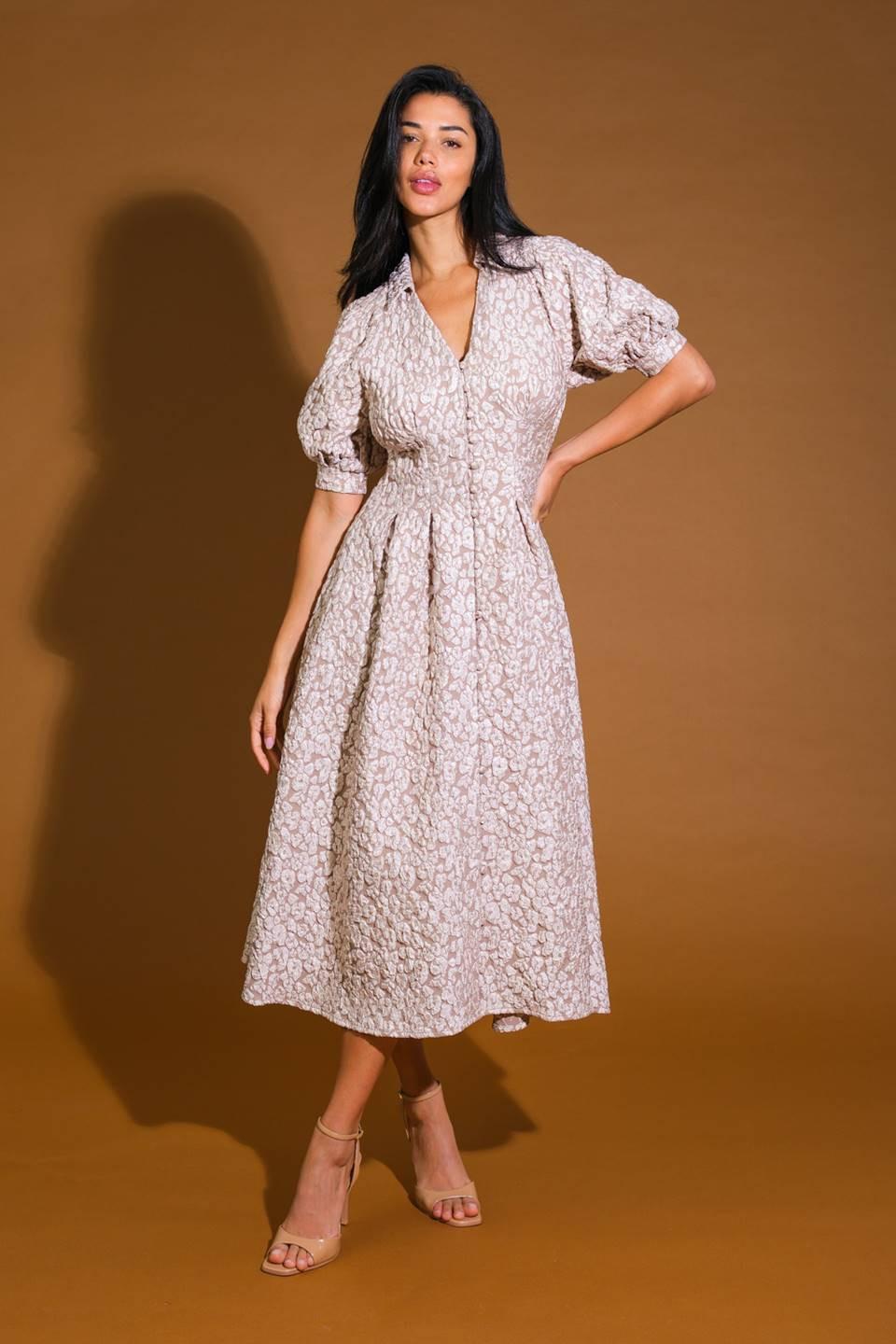 Perfect Vision Woven Midi Dress in taupe, view 5 — Soul Flow Apparel