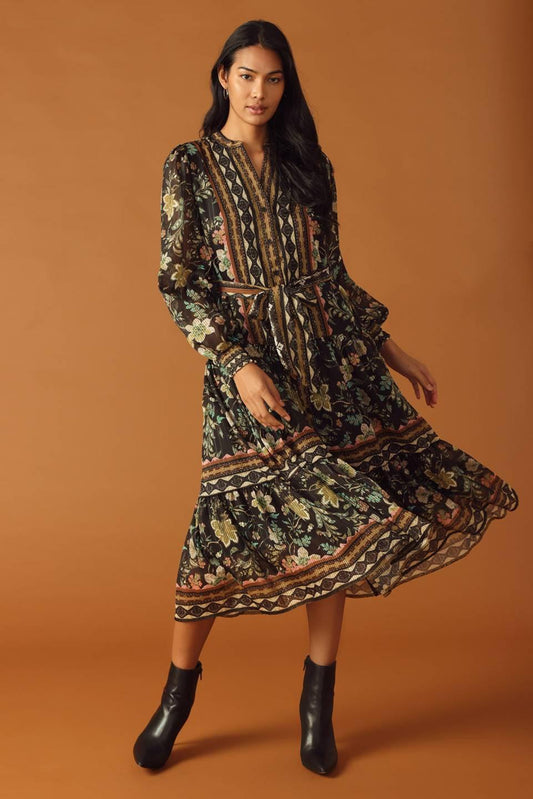 Along the Way Woven Midi Dress in black, view 1 — Soul Flow Apparel