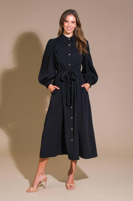 Can't Relace You Woven Midi Dress in black, view 1 — Soul Flow Apparel