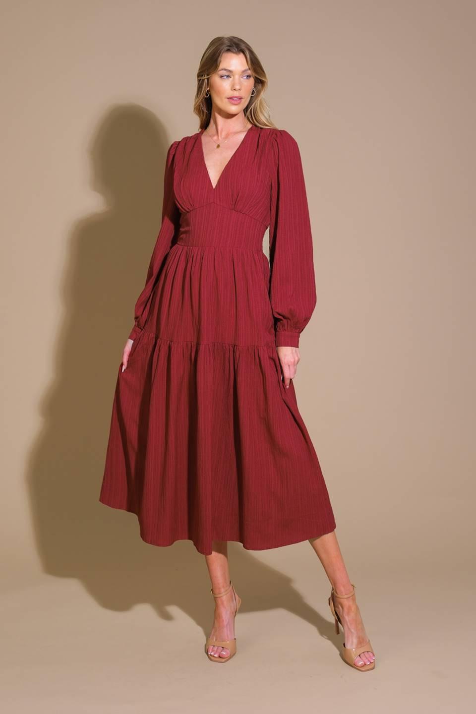 Posh Presence Woven Midi Dress in red wine, view 1 — Soul Flow Apparel