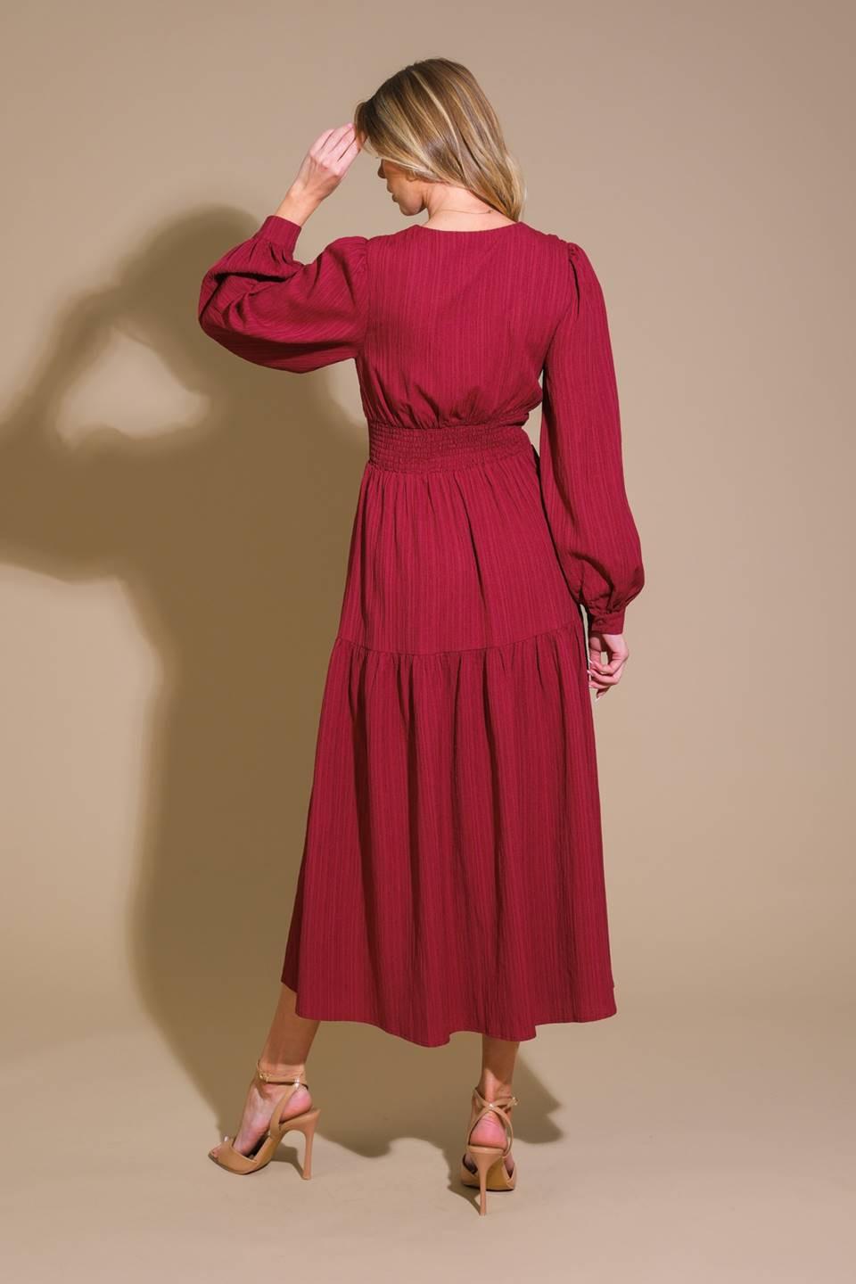 Posh Presence Woven Midi Dress in red wine, view 2 — Soul Flow Apparel