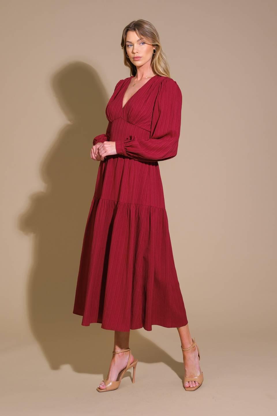 Posh Presence Woven Midi Dress in red wine, view 3 — Soul Flow Apparel