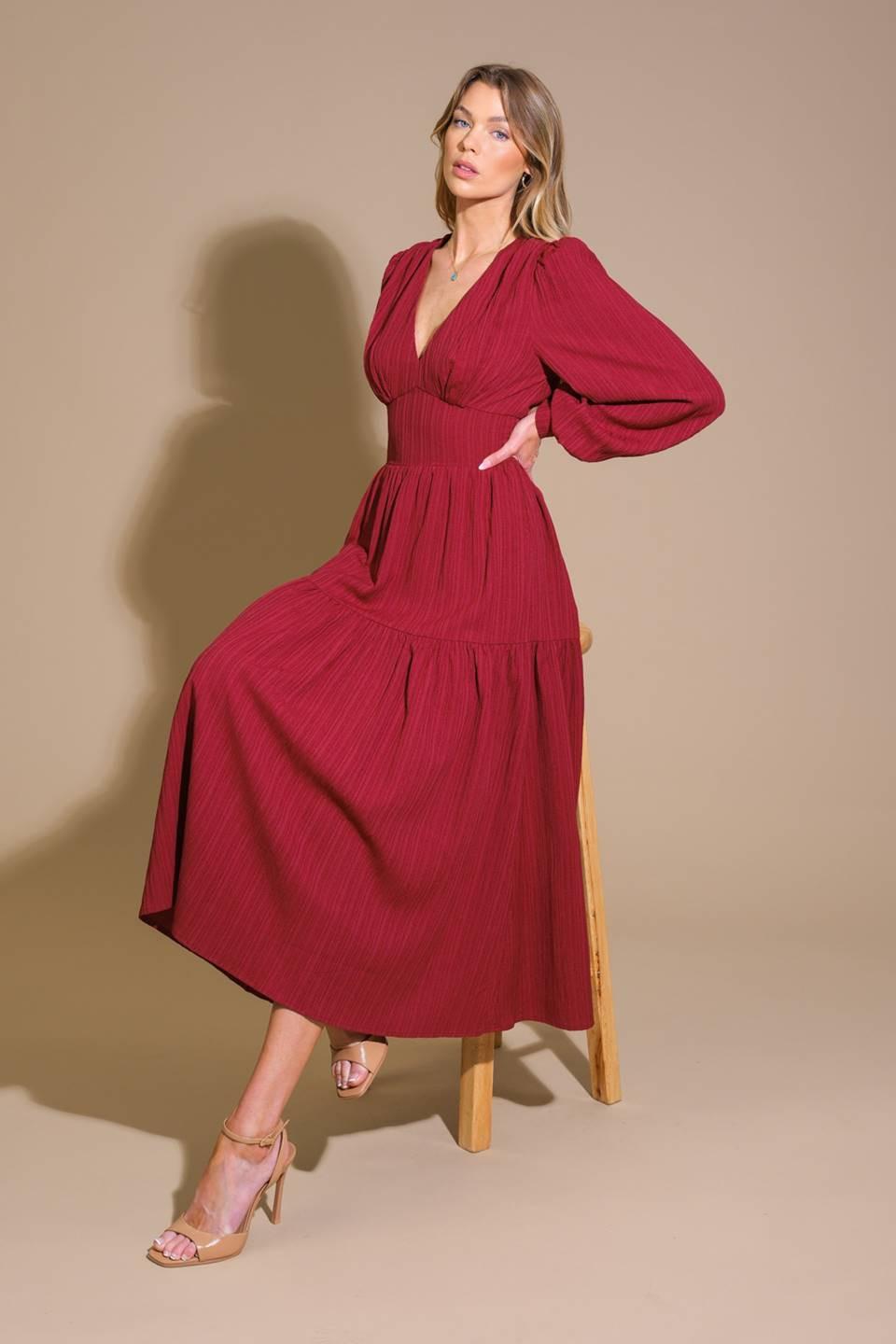 Posh Presence Woven Midi Dress in red wine, view 5 — Soul Flow Apparel
