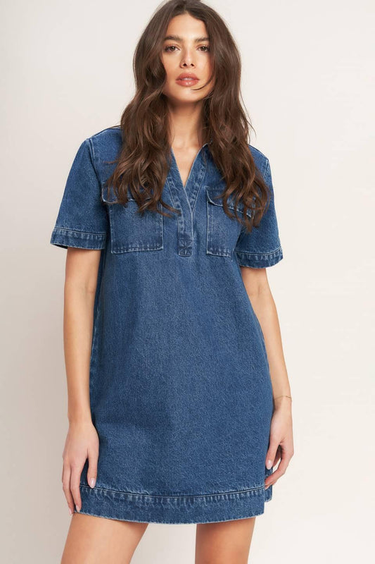 Blue Canvas Denim Mini Dress in medium indigo, view 4 — Soul Flow Apparel